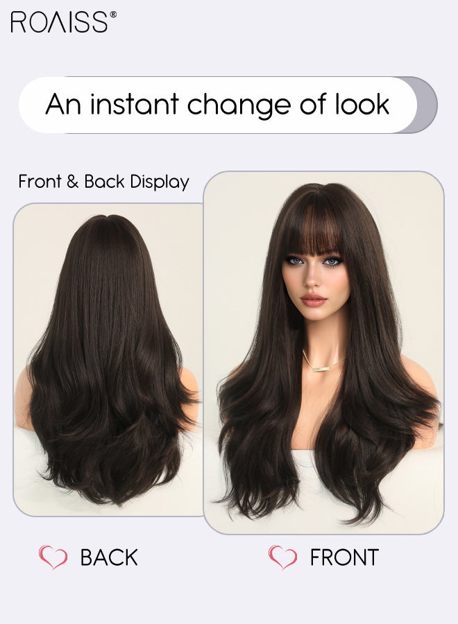 roaiss Long Curly Hair Wig with Bangs for Women, Natural Soft Synthetic Heat Resistant Hair Natural Looking Wig for Wedding Cosplay Party Daily Wear, Brown Black, 60cm (24 inches) - Image 3